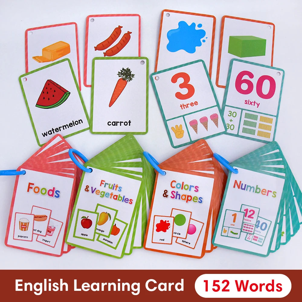 Un set de cartes colorées pour apprendre l'anglais, avec fruits, légumes, couleurs et chiffres pour enfants.