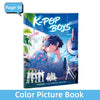 A coloring book cover featuring K-Pop boys in a bright blue and purple style.
