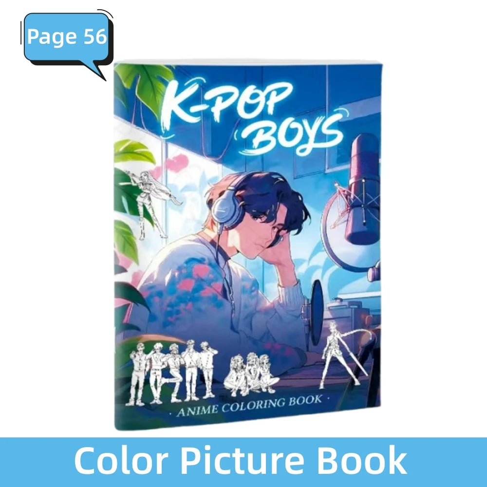 A coloring book cover featuring K-Pop boys in a bright blue and purple style.