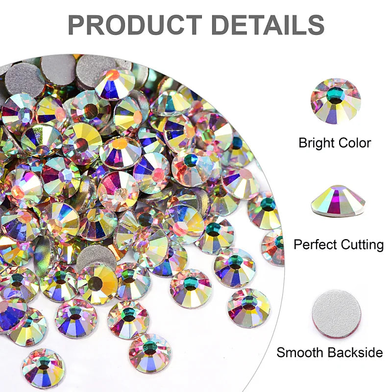 A close-up view of various sparkling crystal flatback rhinestones showing bright color, perfect cutting, and a smooth backsid