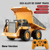 A yellow 9CH alloy RC dump truck with a digging arm is shown in a side view.
