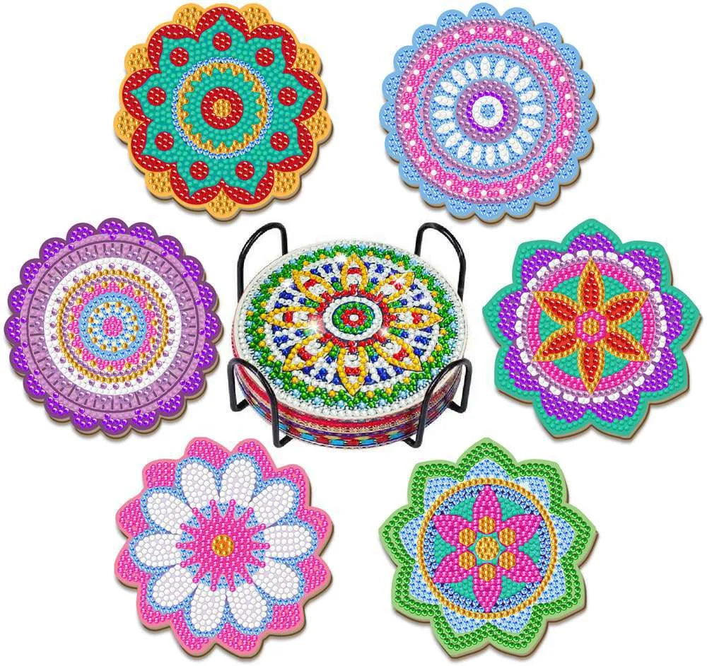 A set of colorful mandala flower diamond painting coasters in various sizes and patterns.