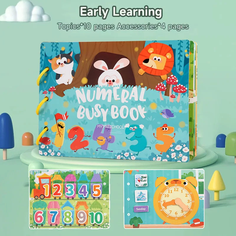 A colorful Montessori busy book for toddlers featuring number pages and an alarm clock activity.