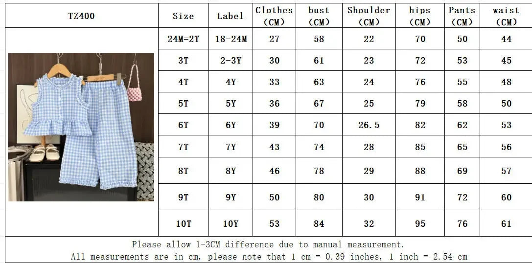 A size chart for a girls' blue and white checkered lace vest and wide-leg pants set showing various sizes and corresponding m