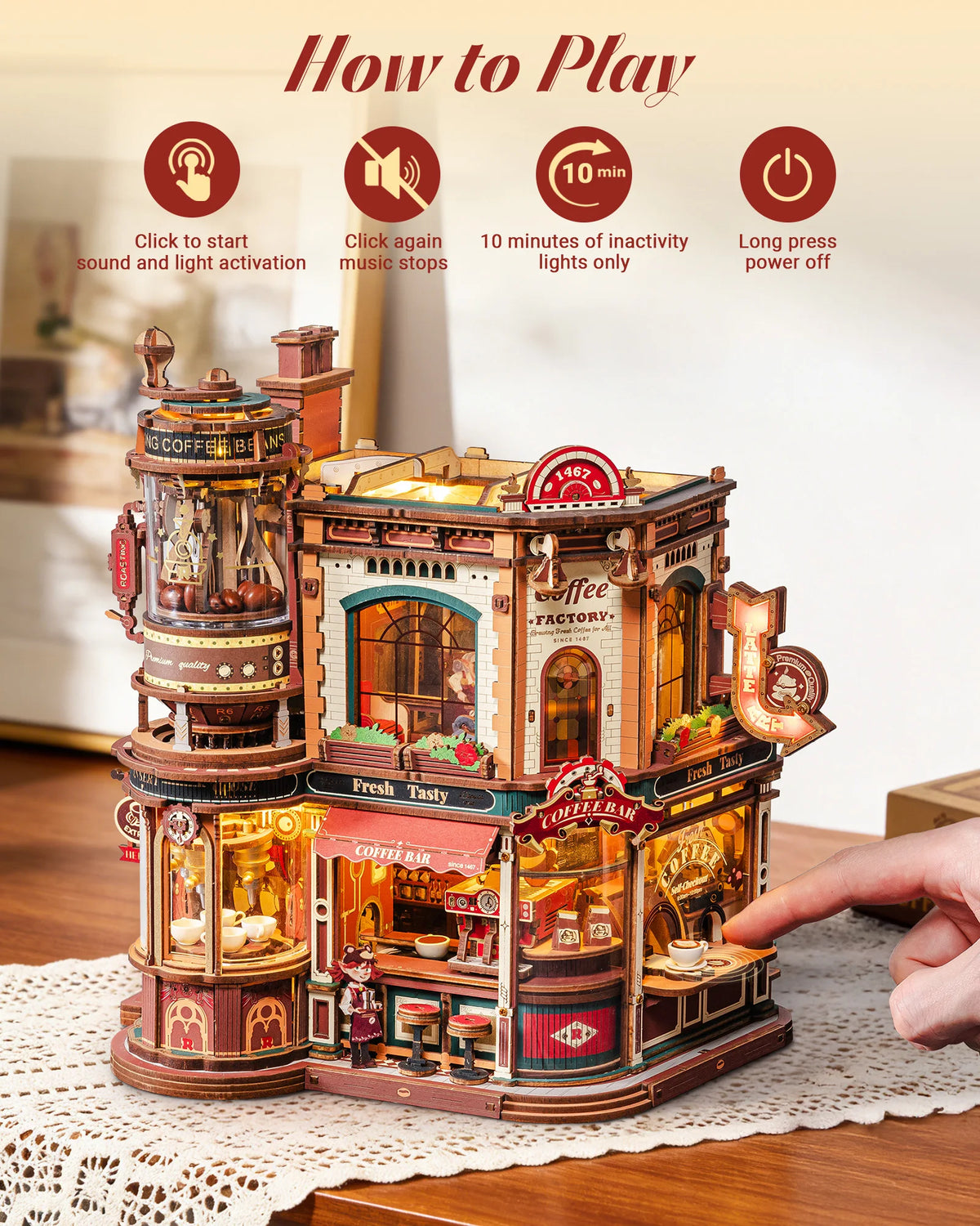 A detailed wooden 3D puzzle model kit of a coffee factory, featuring various components and mechanisms.