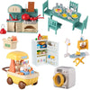 Miniature dollhouse furniture set featuring a kitchen, bathroom, and laundry playset with various appliances and accessories.