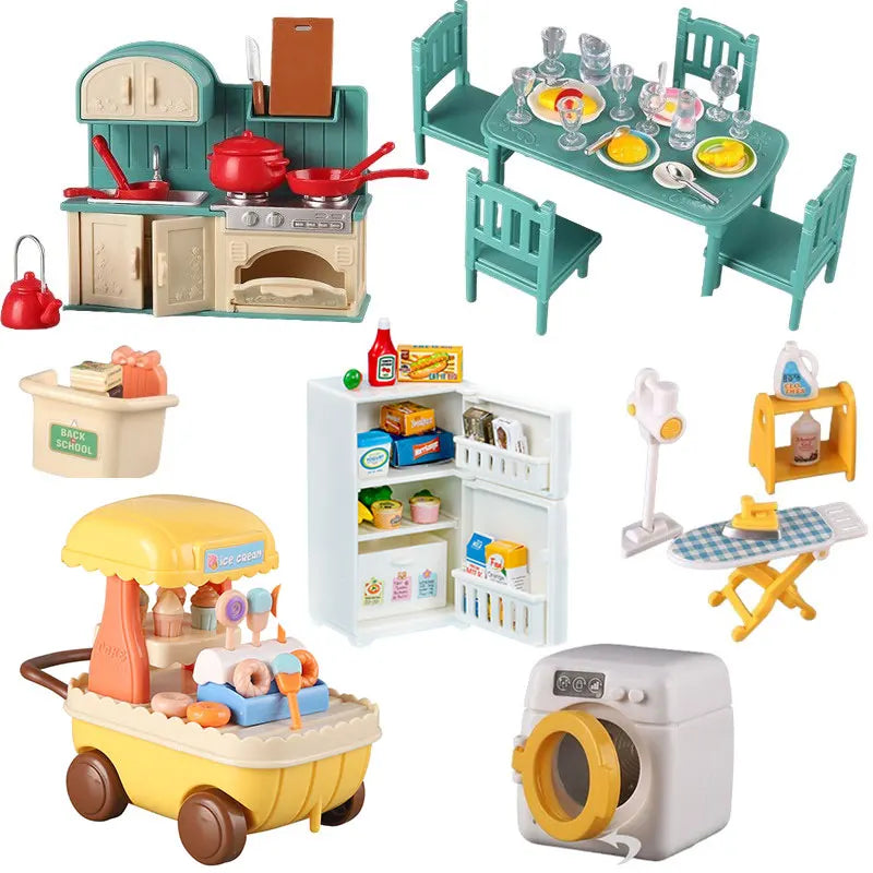 Miniature dollhouse furniture set featuring a kitchen, bathroom, and laundry playset with various appliances and accessories.