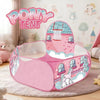 A pink foldable pop-up play tent featuring a whimsical pony design and decorative windows for children.