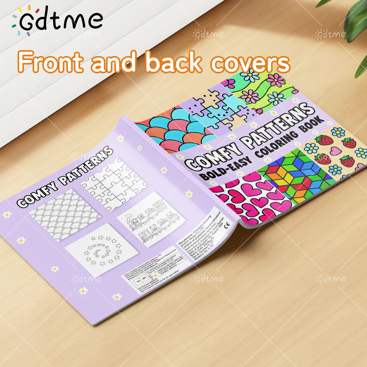Front and back covers of a comfy coloring book featuring bold easy patterns with heart, flower, and geometric designs