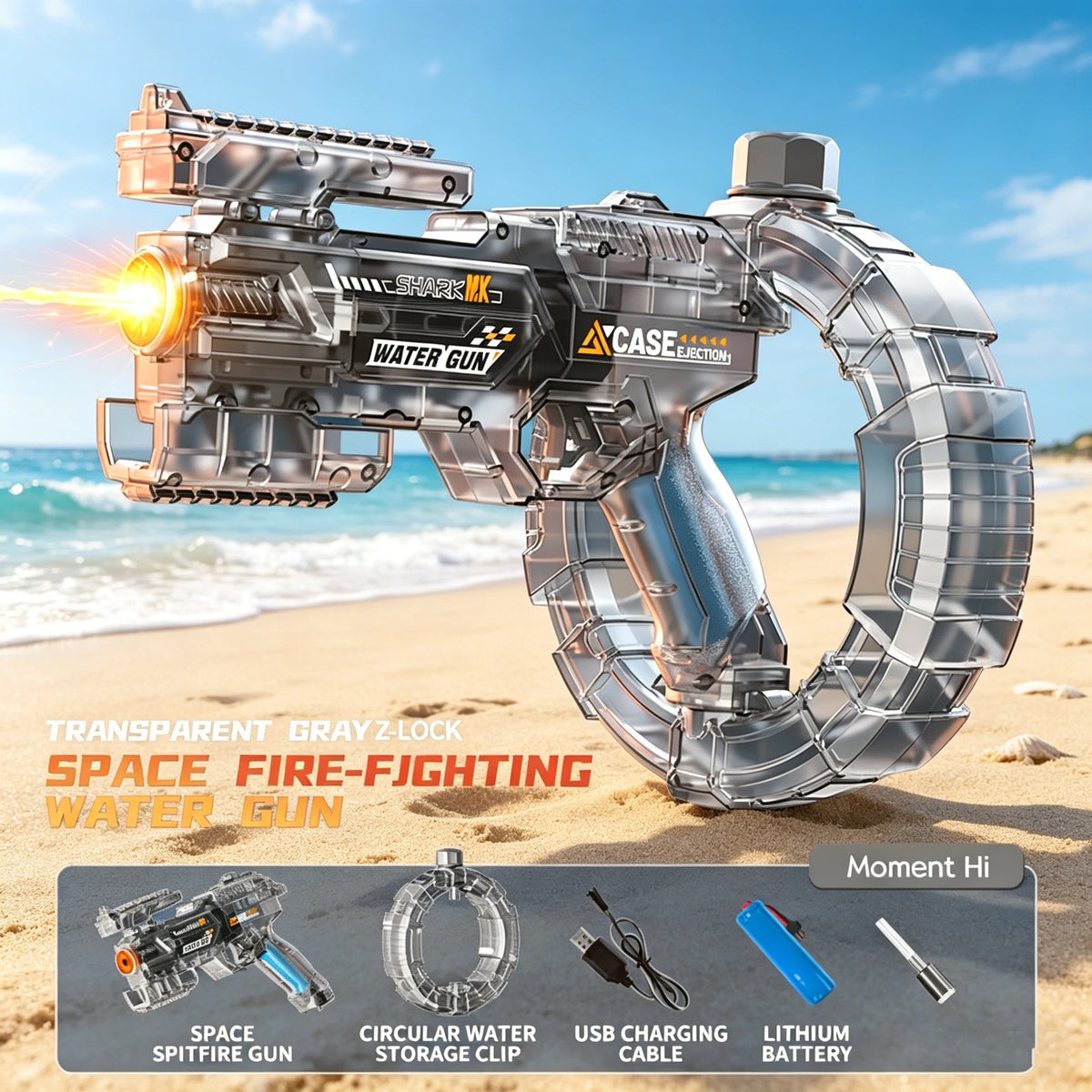 A transparent gray Z-lock space fire-fighting water gun resting on a sandy beach with accessories.