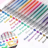 A collection of glitter gel pens in various colors including blue, gold, red, pink, green, and purple.
