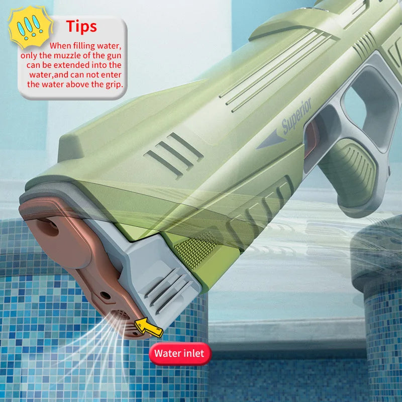 A close-up view of a green electric automatic water gun being used to spray water into a tiled surface.