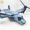 Blue V-22 Osprey military aircraft building block set with rotors and wings