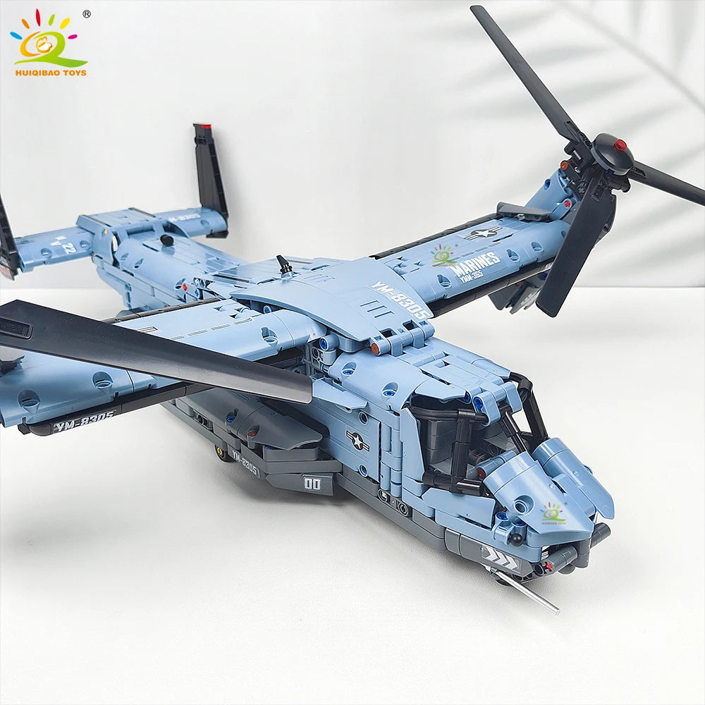 Blue V-22 Osprey military aircraft building block set with rotors and wings