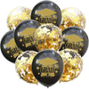A set of black and gold confetti balloons with graduation messages for party decor