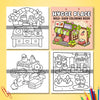 A set of three black and white line art coloring pages featuring hygge themes including a kitchen, a bookstore, and a farm.