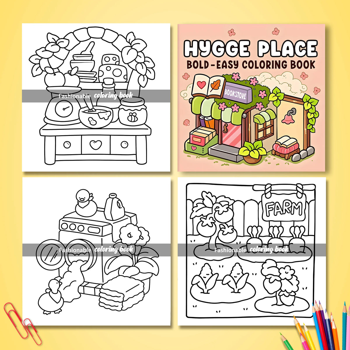 A set of three black and white line art coloring pages featuring hygge themes including a kitchen, a bookstore, and a farm.