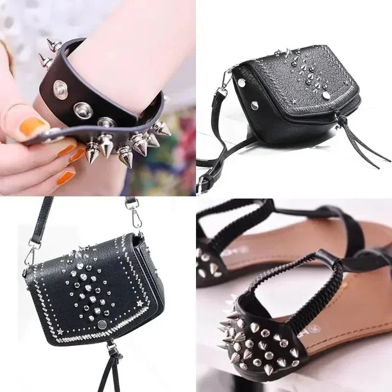 Black faux leather punk cone bag with silver spike rivets and chain strap