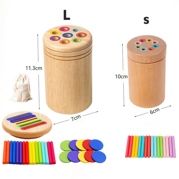 Montessori wooden color sorting set with two containers, L and S sizes, and individual colored rods.