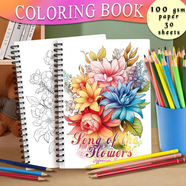 Un livre de coloriage avec une illustration florale détaillée, ouvert montrant le dessin au trait et les pages colorées.