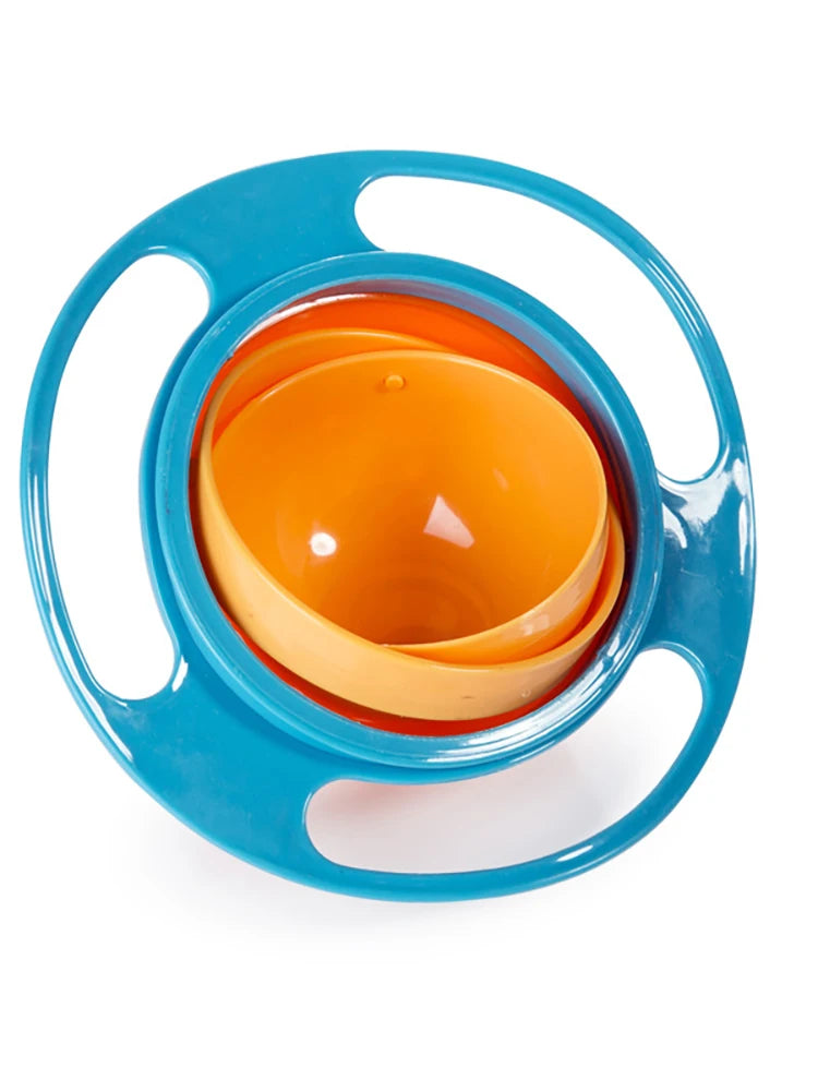 A bright blue splash-proof gyro bowl with an orange lid and handle.