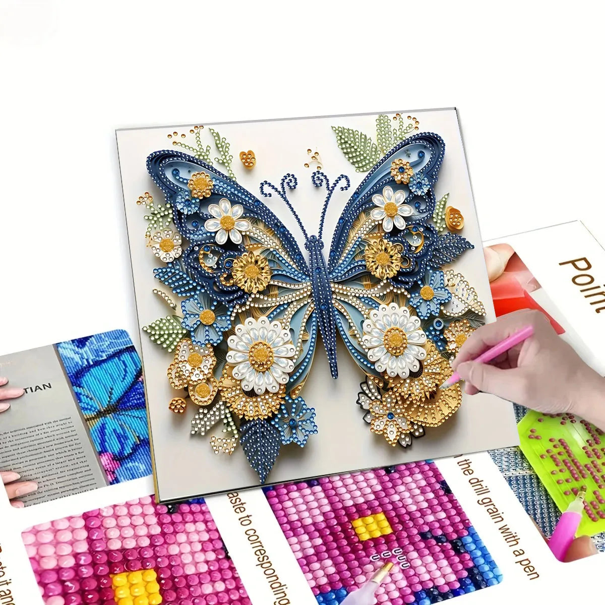 A DIY diamond painting kit featuring a sparkling blue butterfly design on a white background.