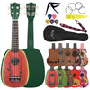 A green ukulele with a pink body, tuning pegs, and various accessories displayed on a white background.