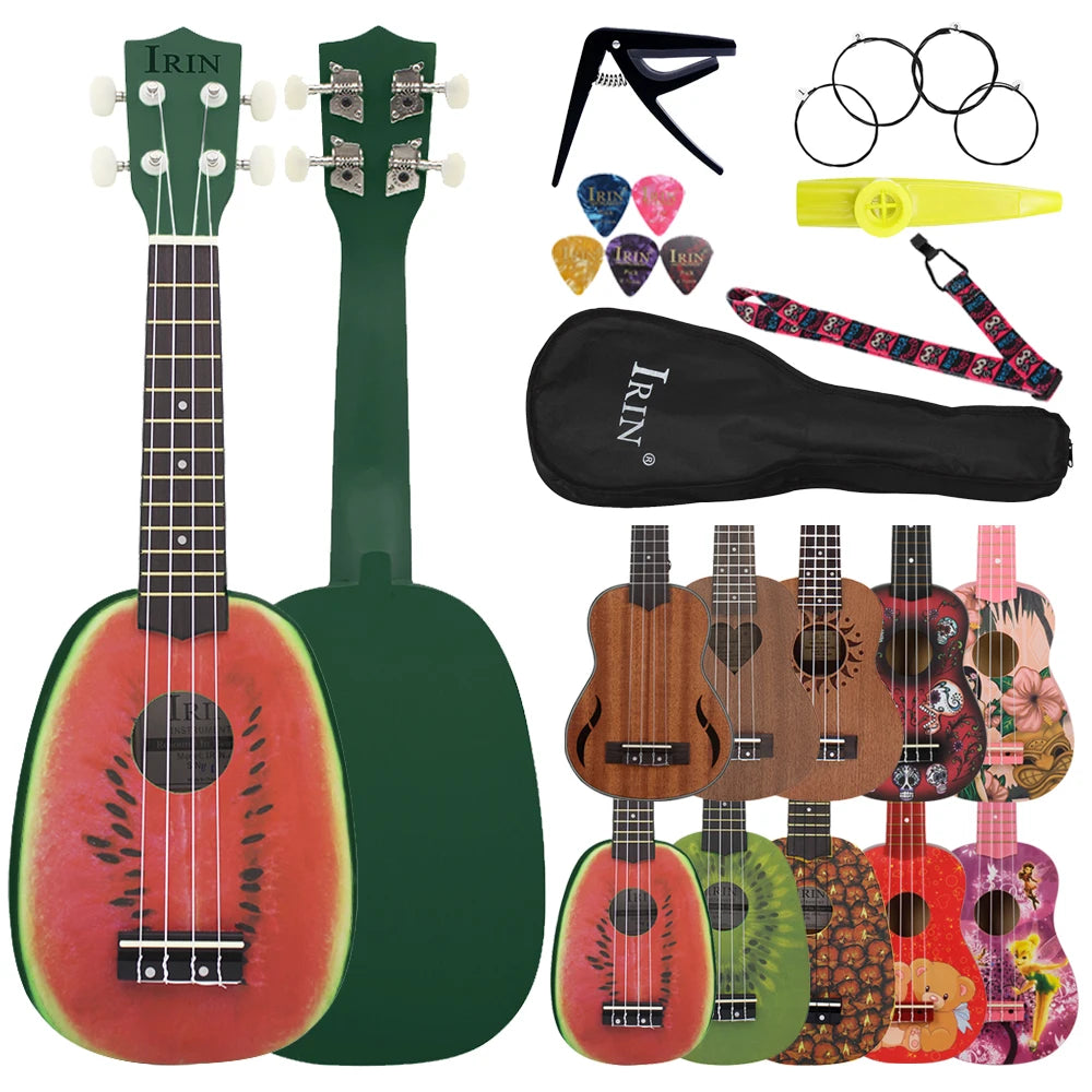 A green ukulele with a pink body, tuning pegs, and various accessories displayed on a white background.