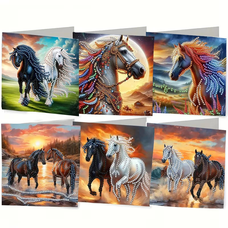 A set of diamond painting cards featuring horses with intricate floral and bird designs for a birthday card.