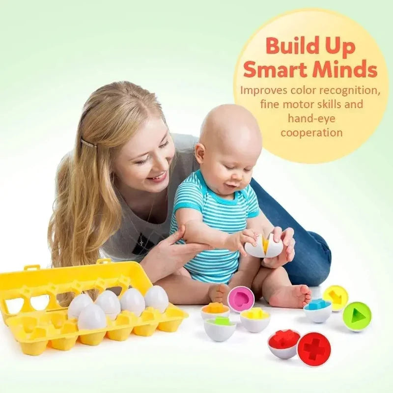 A woman is playing with a Montessori matching eggs toy for toddlers, showing color and shape sorting skills.