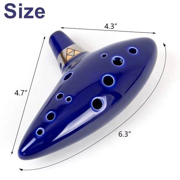 A blue ceramic alto ocarina instrument with various size measurements marked on the body.
