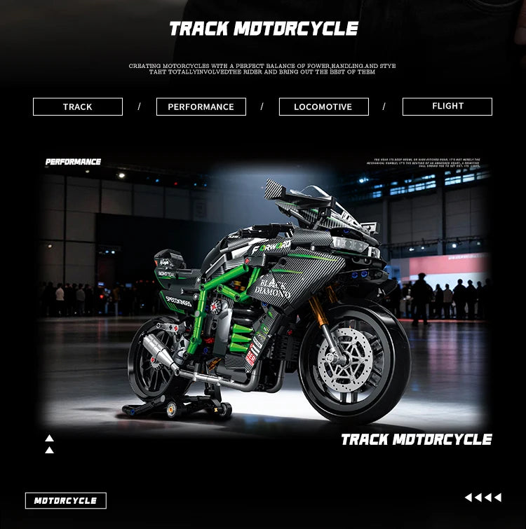 A black and green track motorcycle model is displayed on a dark surface with a blurred background.