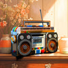 A retro radio building block set featuring a vintage radio design with knobs and speakers on a wooden surface.