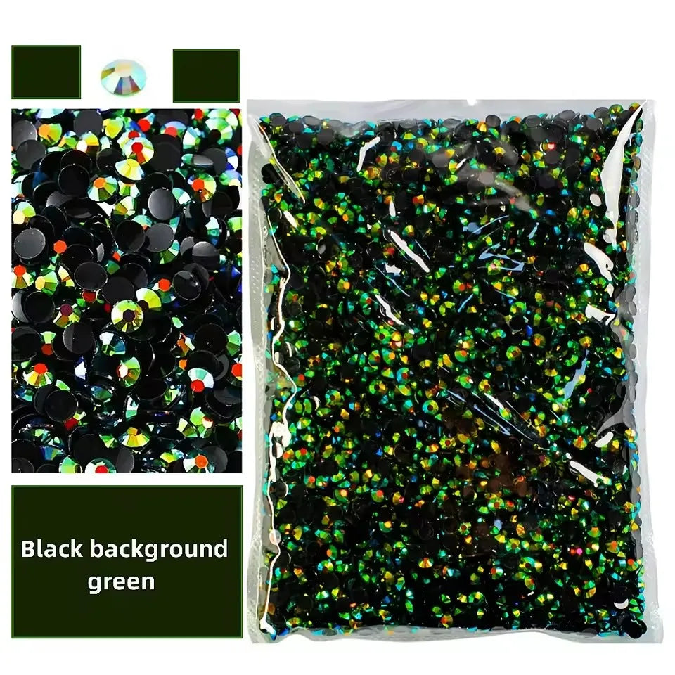 Bag of black background green AB-coated flat back resin rhinestones for crafts and DIY
