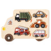 Wooden puzzle featuring various vehicle shapes like a truck, police car, and ambulance for toddlers.