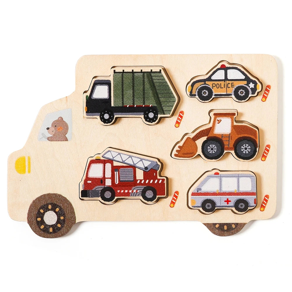 Wooden puzzle featuring various vehicle shapes like a truck, police car, and ambulance for toddlers.