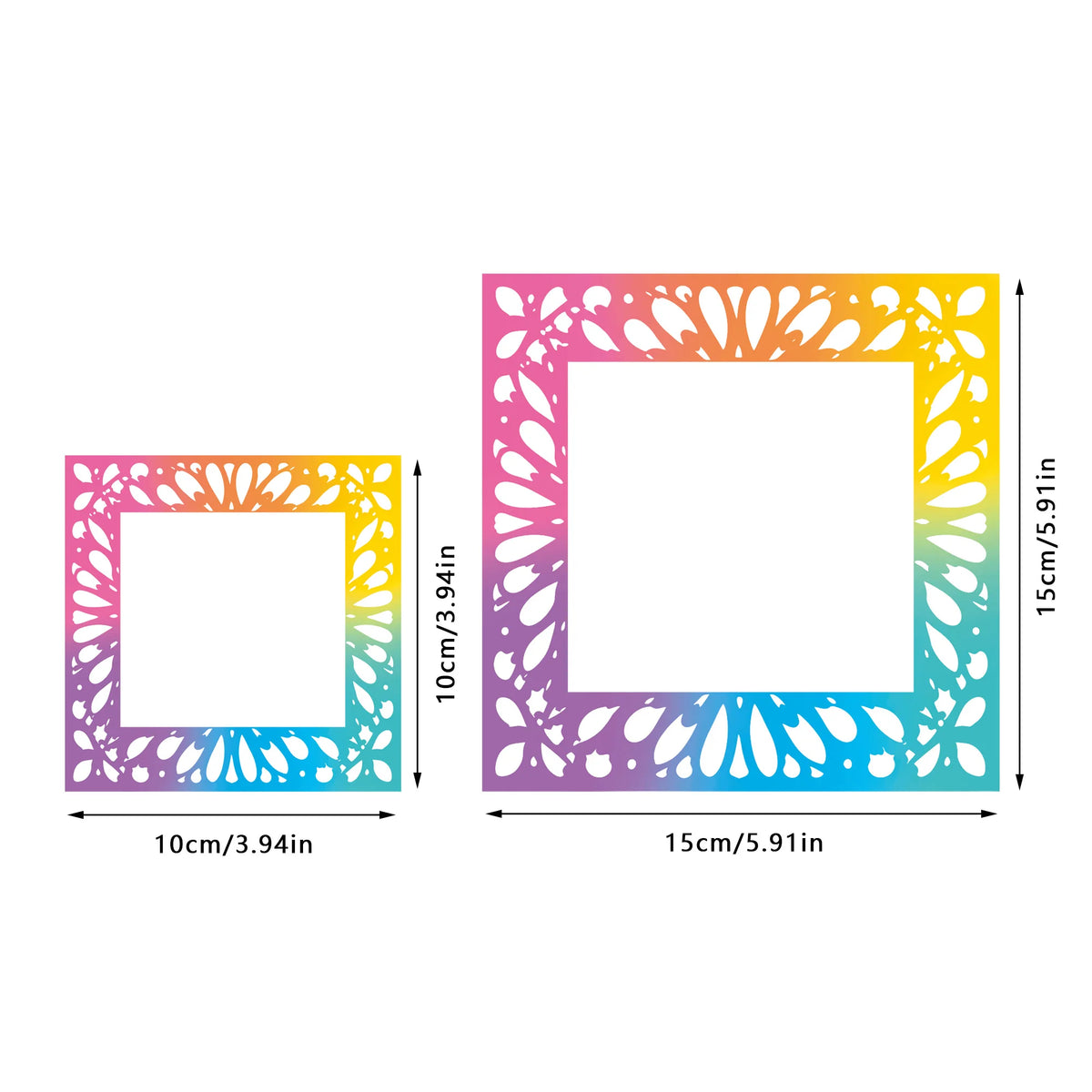 A square frame of colorful, floral-patterned paper for diamond painting, showing a 10cm by 10cm design.