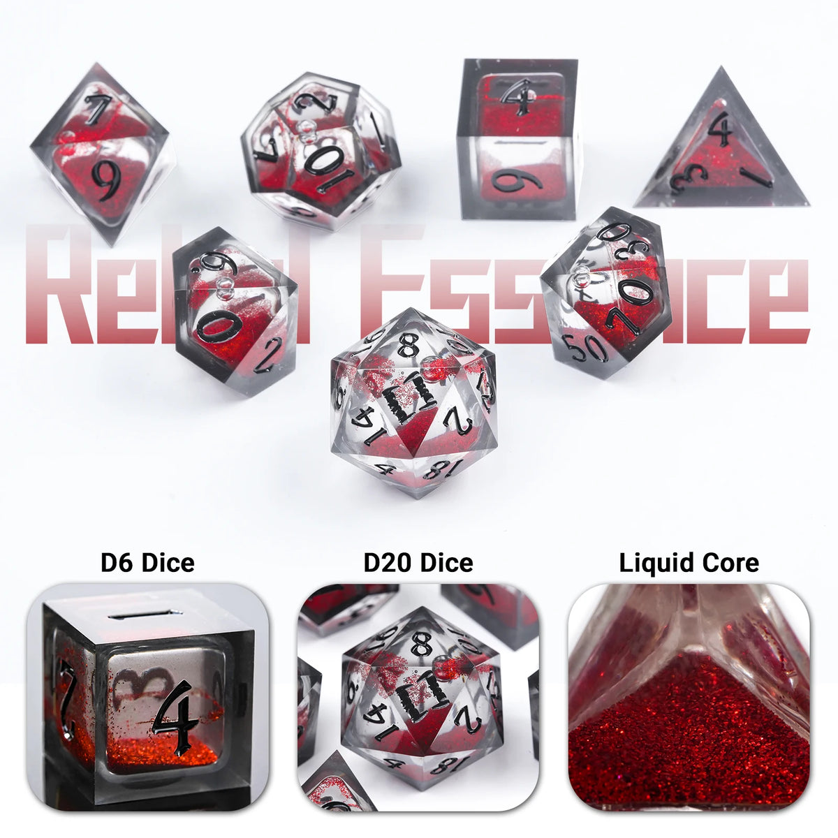 A set of polyhedral dice including D6, D20, and liquid core resin dice for tabletop role-playing games