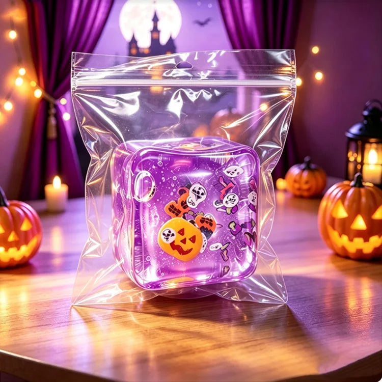 A translucent purple squeeze fidget cube with festive Halloween and Christmas themes is packaged in a clear plastic bag.