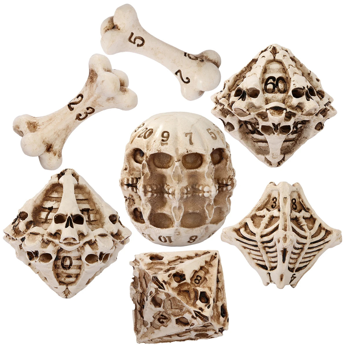 A set of carved bone skull polyhedral dice showing various shapes and numbers.