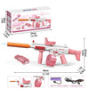 A pink and silver electric water blaster toy gun with an orange barrel, along with its battery and charging cable.