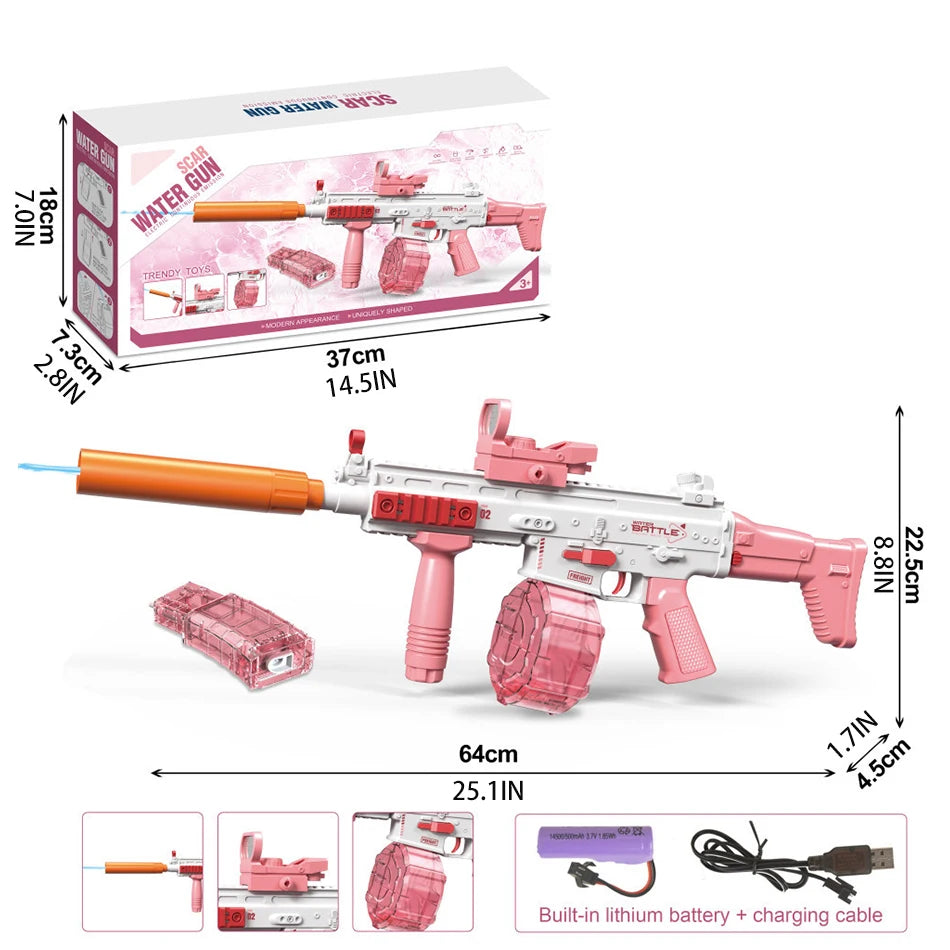 A pink and silver electric water blaster toy gun with an orange barrel, along with its battery and charging cable.