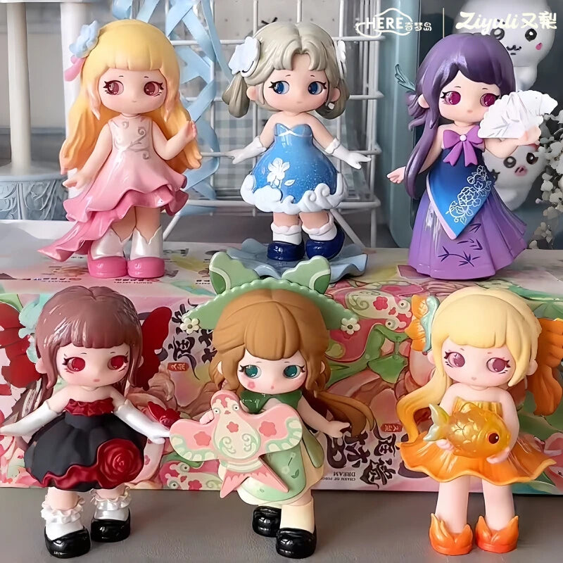 A collection of seven collectible figurines featuring various characters with pink, purple, and blonde hair and butterfly mot
