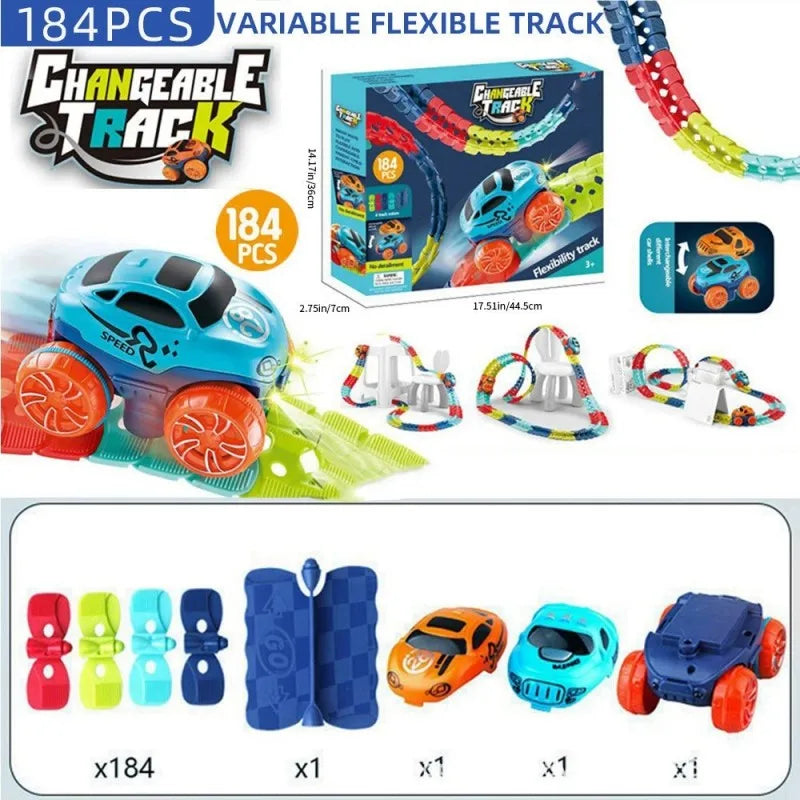 A set of 184 pieces of flexible track and cars for a kids anti-gravity race car track game.