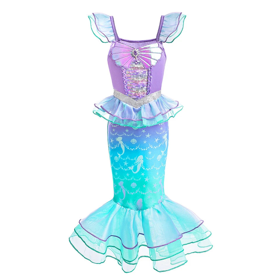 A purple and teal mermaid fantasy dress with ruffled fishtail skirt and sheer fins.
