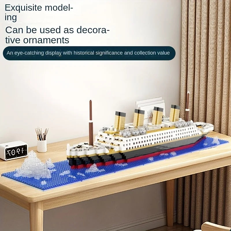 A model of the Titanic iceberg built from micro building blocks displayed on a wooden table.