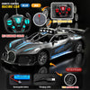 A black and blue remote control racing car with accessories including a battery, charging cable, and tire.