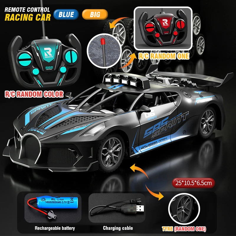 A black and blue remote control racing car with accessories including a battery, charging cable, and tire.