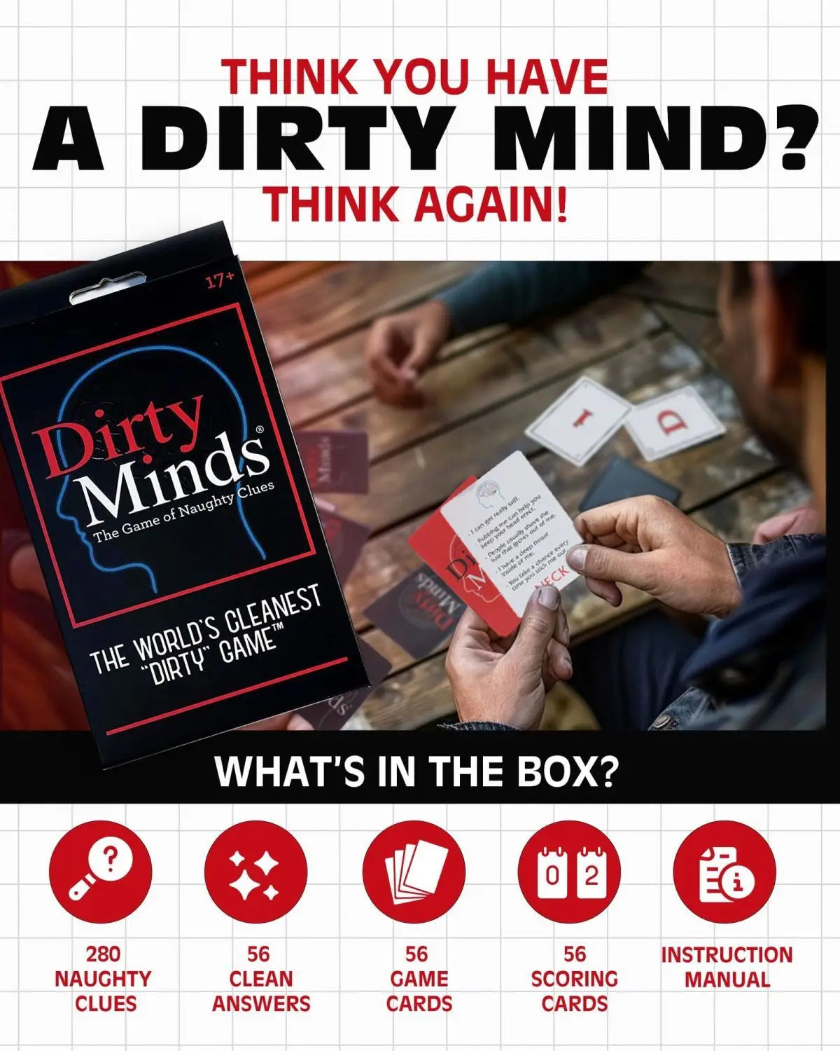 Box of Dirty Minds party card game featuring clues and answers for a group