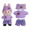 A purple doll sweater outfit set featuring a hooded top, long-sleeved shirt, and matching pants.